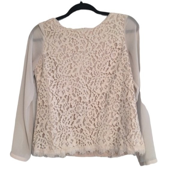Ann‎ Taylor Off-White Lace and Mesh Sleeve Blouse Size 4P - Picture 1 of 11